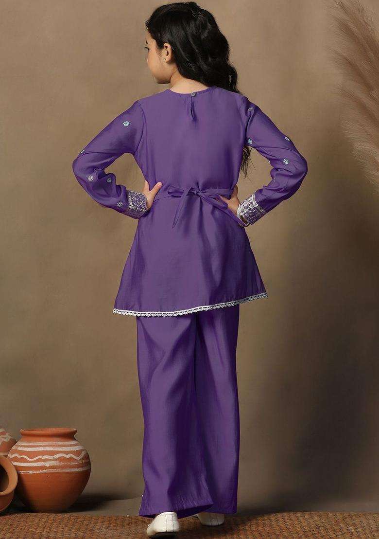 Purple Embroidered Silk Kurta Set For Girls - Indya