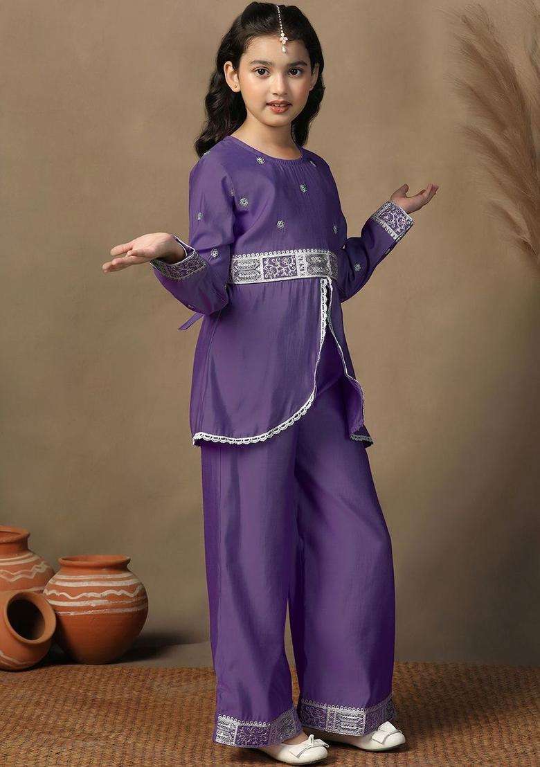 Purple Embroidered Silk Kurta Set For Girls - Indya