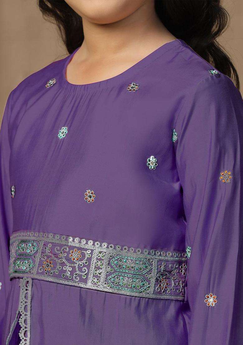 Purple Embroidered Silk Kurta Set For Girls - Indya
