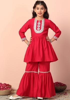 Pink Embroidered Silk Kurta Set For Girls