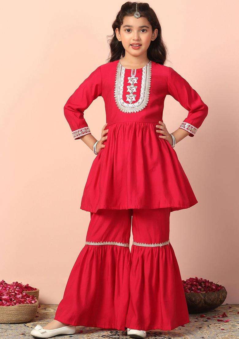 Pink Embroidered Silk Kurta Set For Girls - Indya