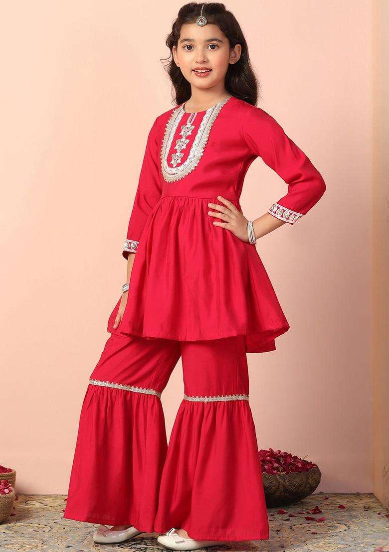 Pink Embroidered Silk Kurta Set For Girls - Indya