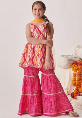 Fuchsia Printed Cotton Kurta Set For Girls