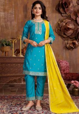Sea Green Embroidered Silk Kurta Set For Girls