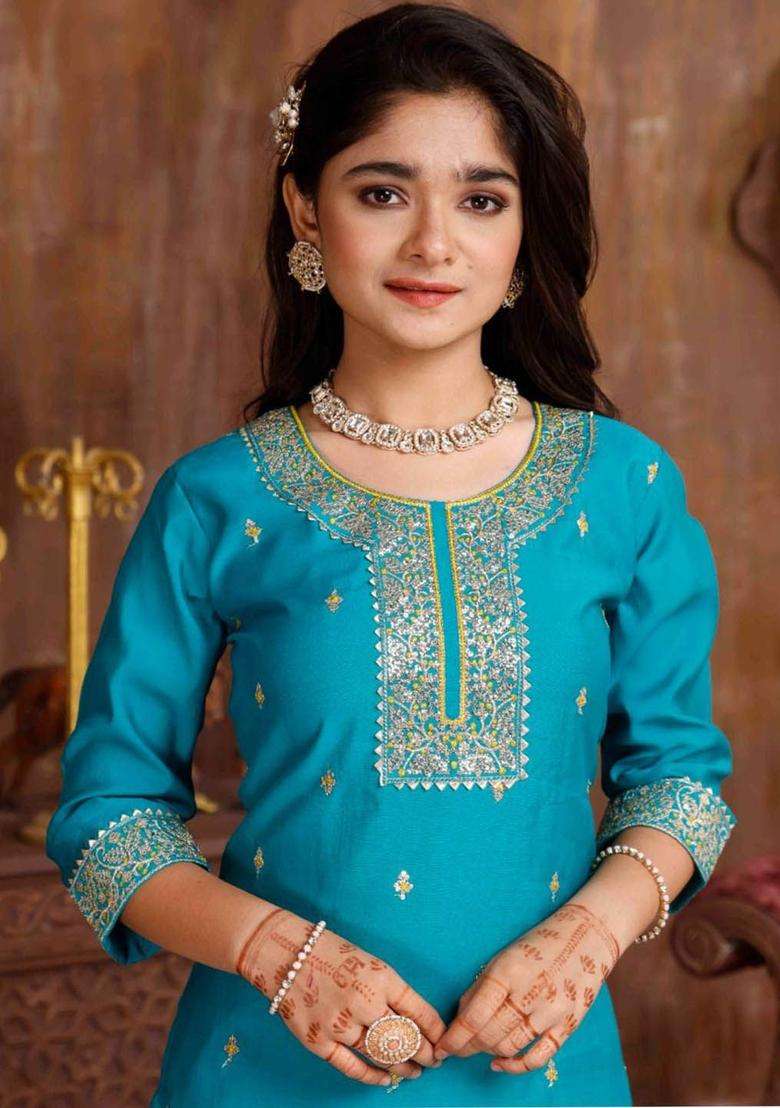 Sea Green Embroidered Silk Kurta Set For Girls - Indya