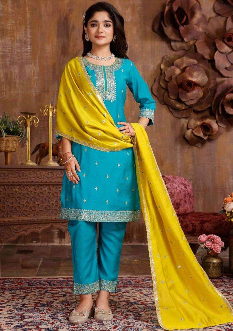 Sea Green Embroidered Silk Kurta Set For Girls - Indya