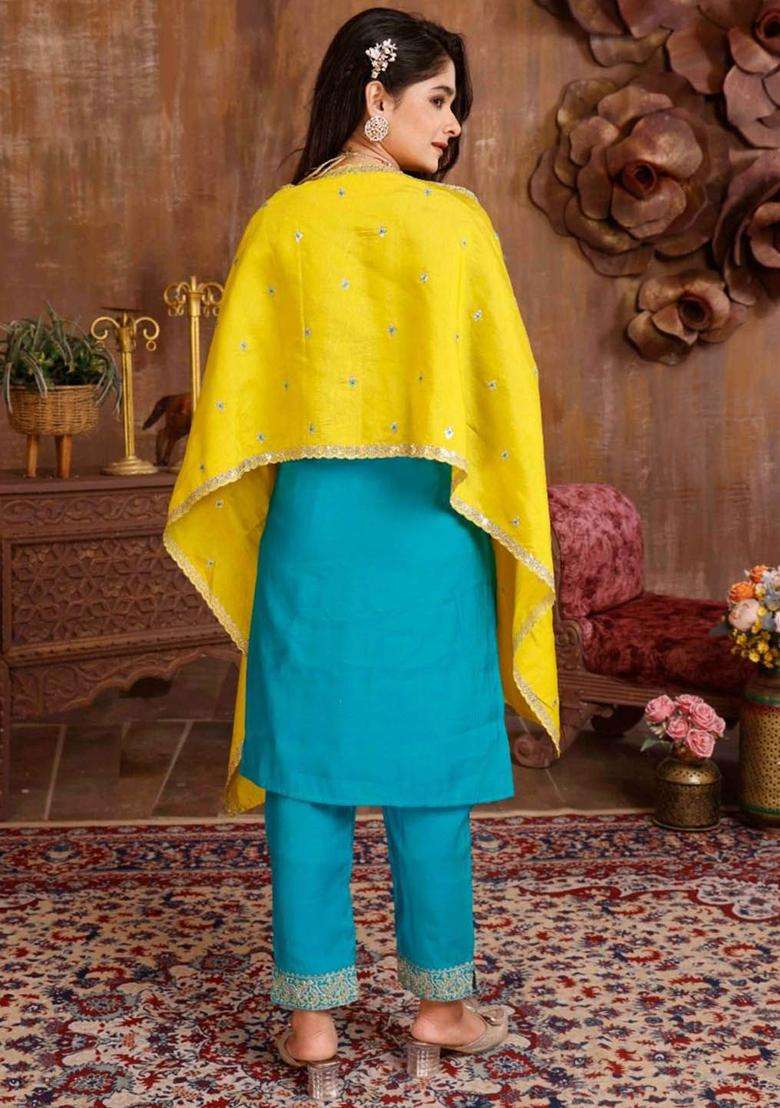 Sea Green Embroidered Silk Kurta Set For Girls - Indya