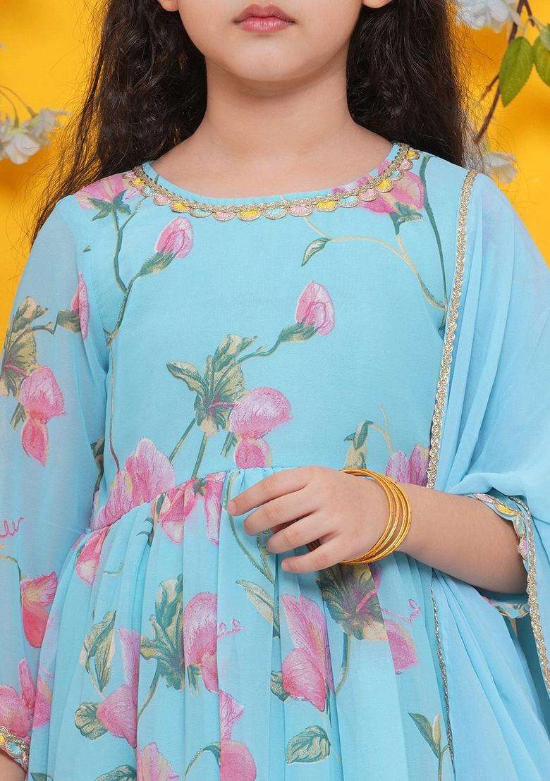 Blue Printed Georgette Kurta Set For Girls - Indya