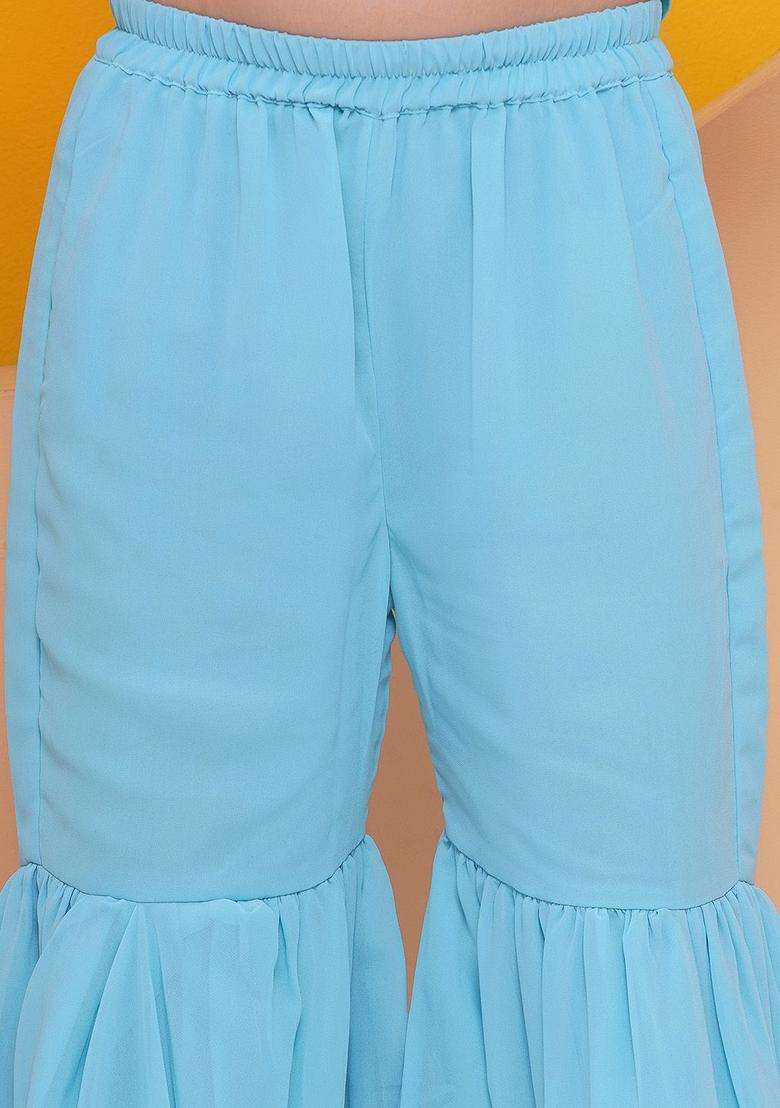 Blue Printed Georgette Kurta Set For Girls - Indya