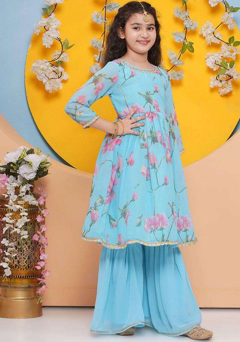 Blue Printed Georgette Kurta Set For Girls - Indya