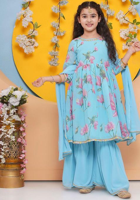 Blue Printed Georgette Kurta Set For Girls — view on Indya