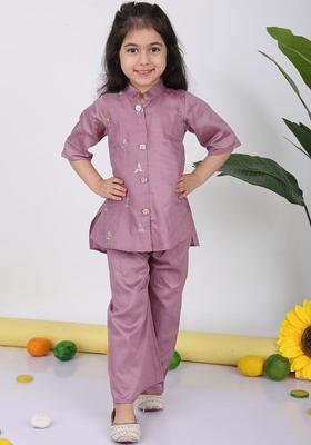 Purple Embellished Cotton Kurta Set For Girls