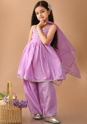Purple Self Design Silk Kurta Set For Girls
