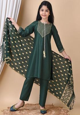 Green Embroidered Crepe Kurta Set For Girls