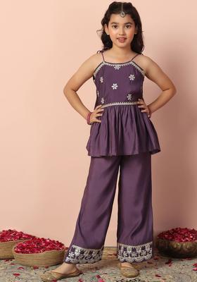 Purple Embroidered Silk Kurta Set For Girls