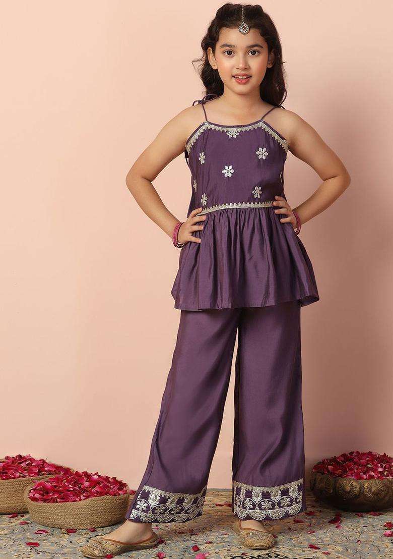 Purple Embroidered Silk Kurta Set For Girls - Indya