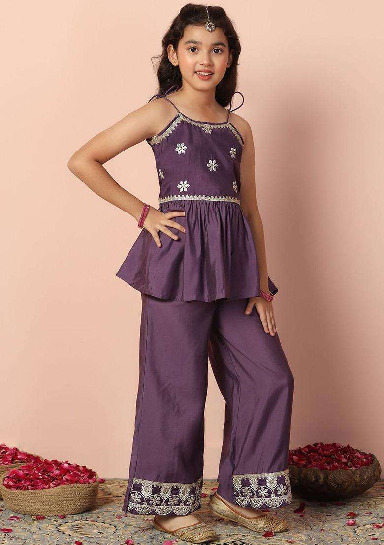 Purple Embroidered Silk Kurta Set For Girls - Indya