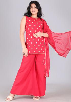 Red Embroidered Georgette Kurta Set For Girls