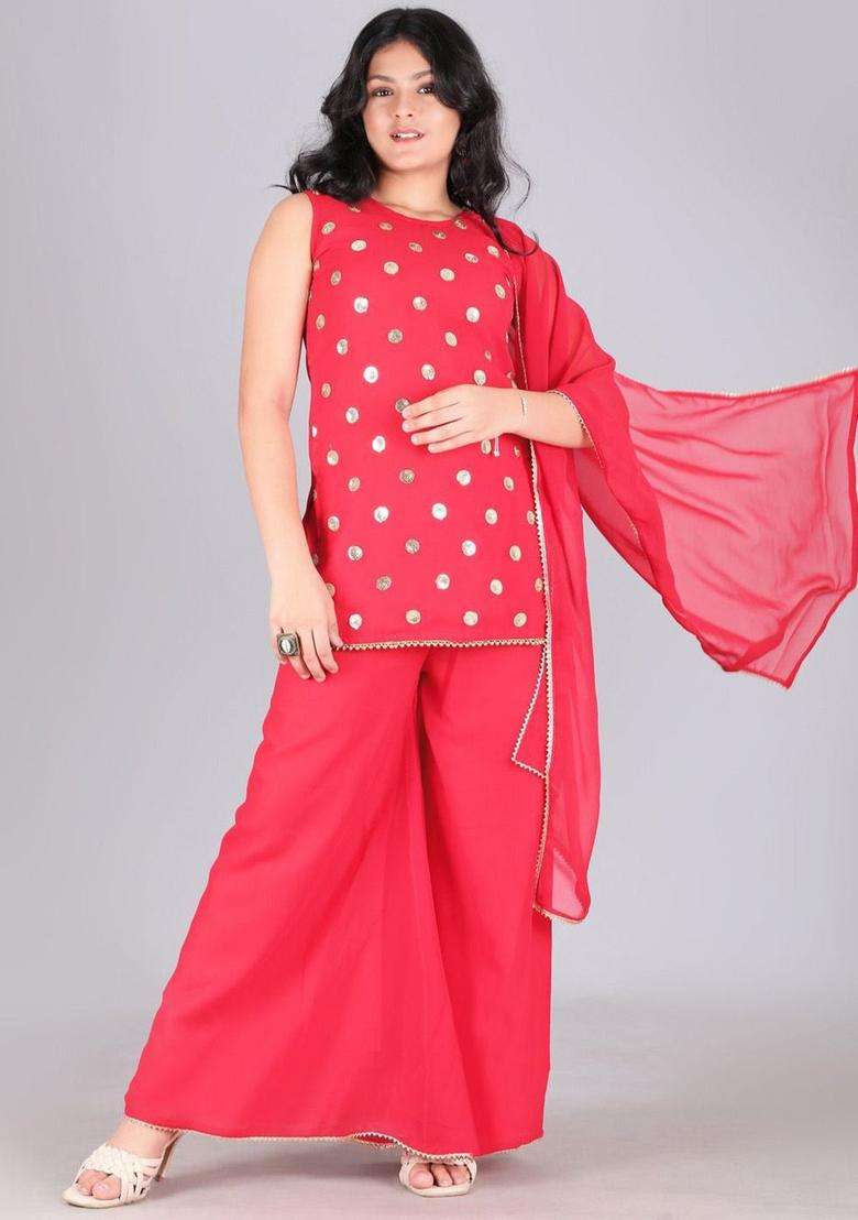 Red Embroidered Georgette Kurta Set For Girls - Indya