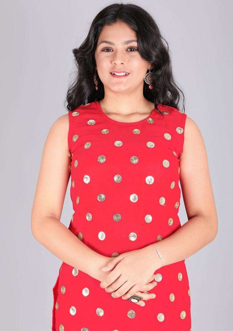 Red Embroidered Georgette Kurta Set For Girls - Indya