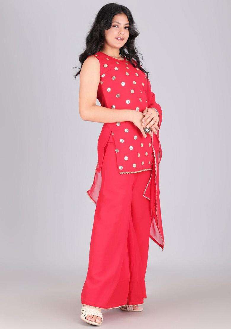 Red Embroidered Georgette Kurta Set For Girls - Indya