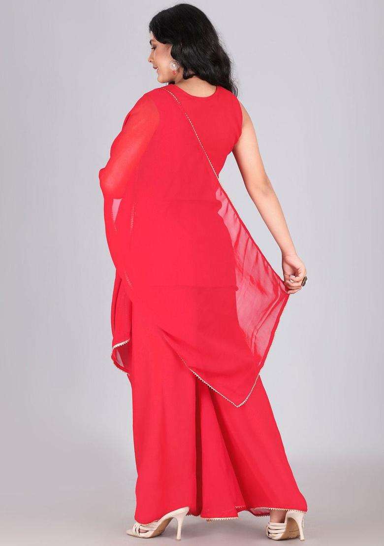 Red Embroidered Georgette Kurta Set For Girls - Indya