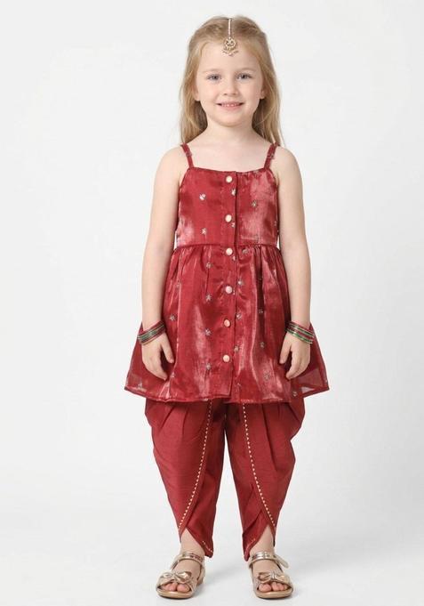 Maroon Solid Tissue Kurta Set For Girls — view on Indya