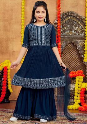 Turquoise Blue Embroidered Georgette Kurta Set For Girls