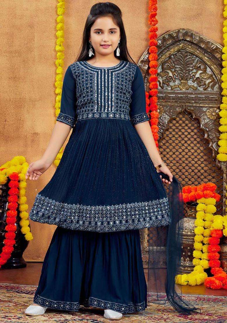 Turquoise Blue Embroidered Georgette Kurta Set For Girls - Indya