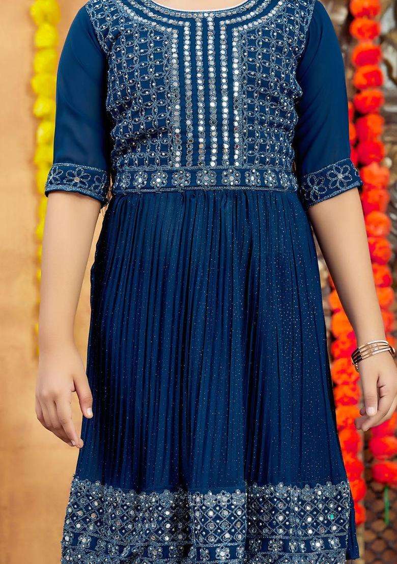 Turquoise Blue Embroidered Georgette Kurta Set For Girls - Indya