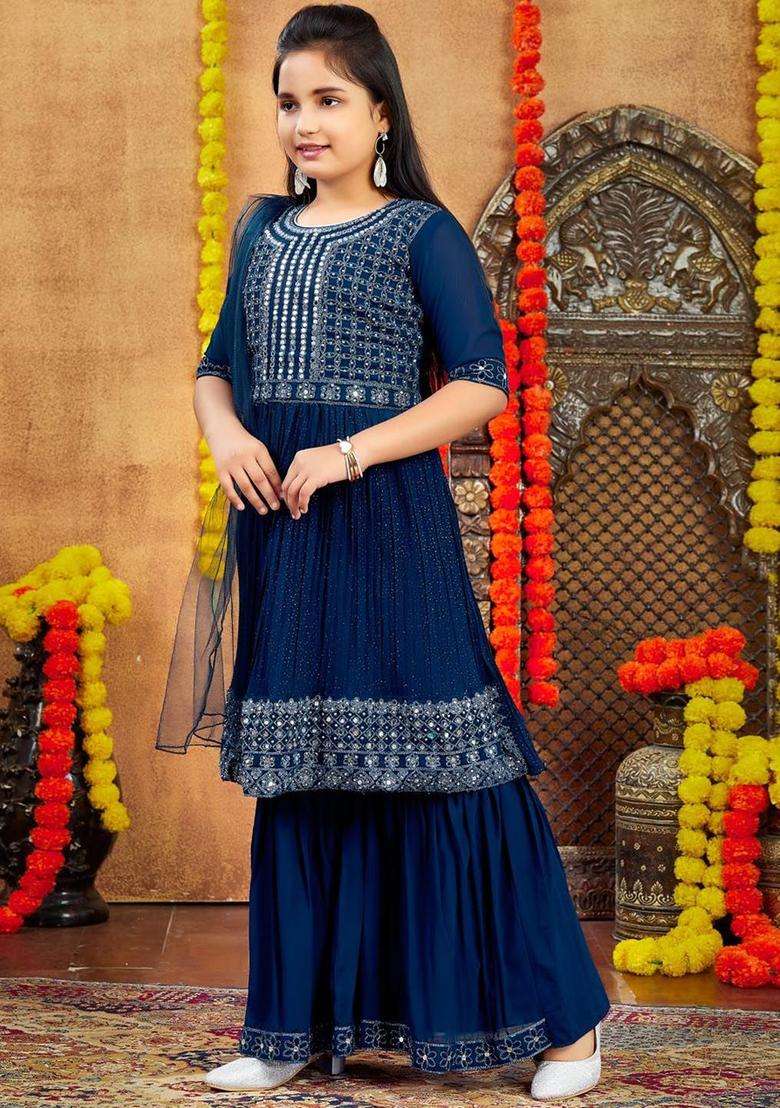 Turquoise Blue Embroidered Georgette Kurta Set For Girls - Indya