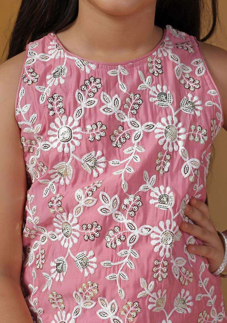 Pink Embroidered Silk Kurta Set For Girls - Indya