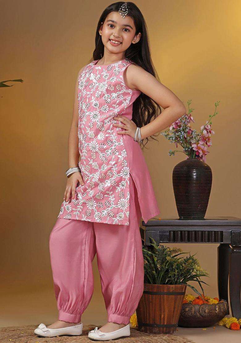 Pink Embroidered Silk Kurta Set For Girls - Indya