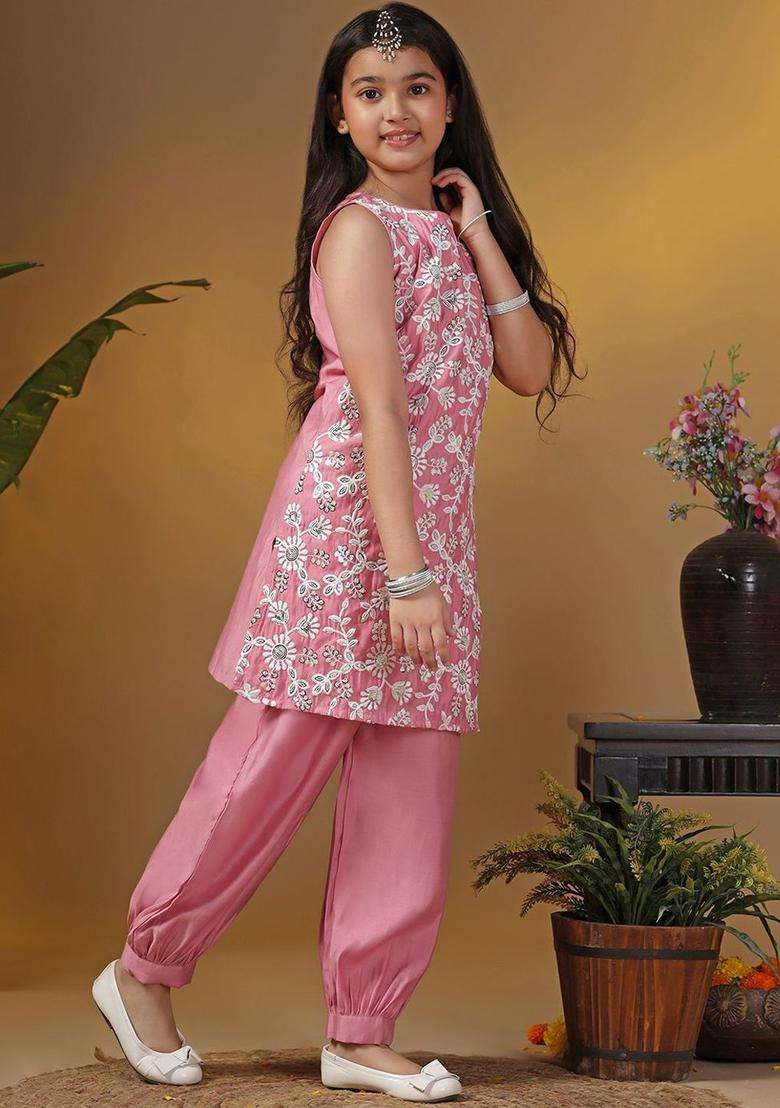 Pink Embroidered Silk Kurta Set For Girls - Indya