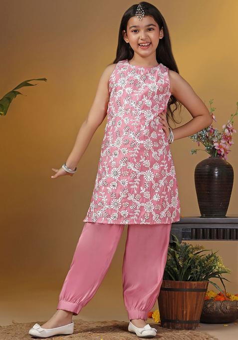 Pink Embroidered Silk Kurta Set For Girls — view on Indya