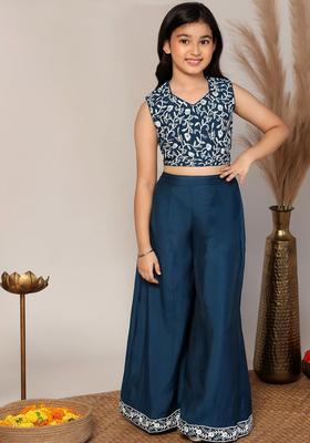 Blue Embroidered Silk Kurta Set For Girls