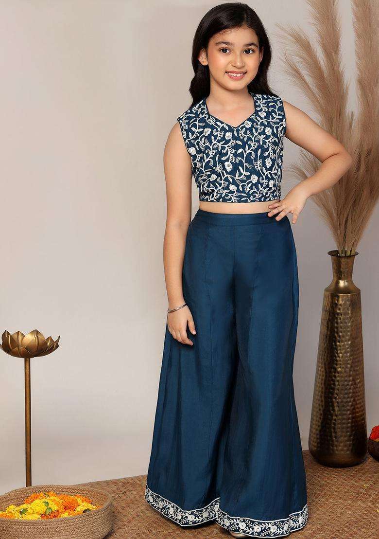 Blue Embroidered Silk Kurta Set For Girls - Indya