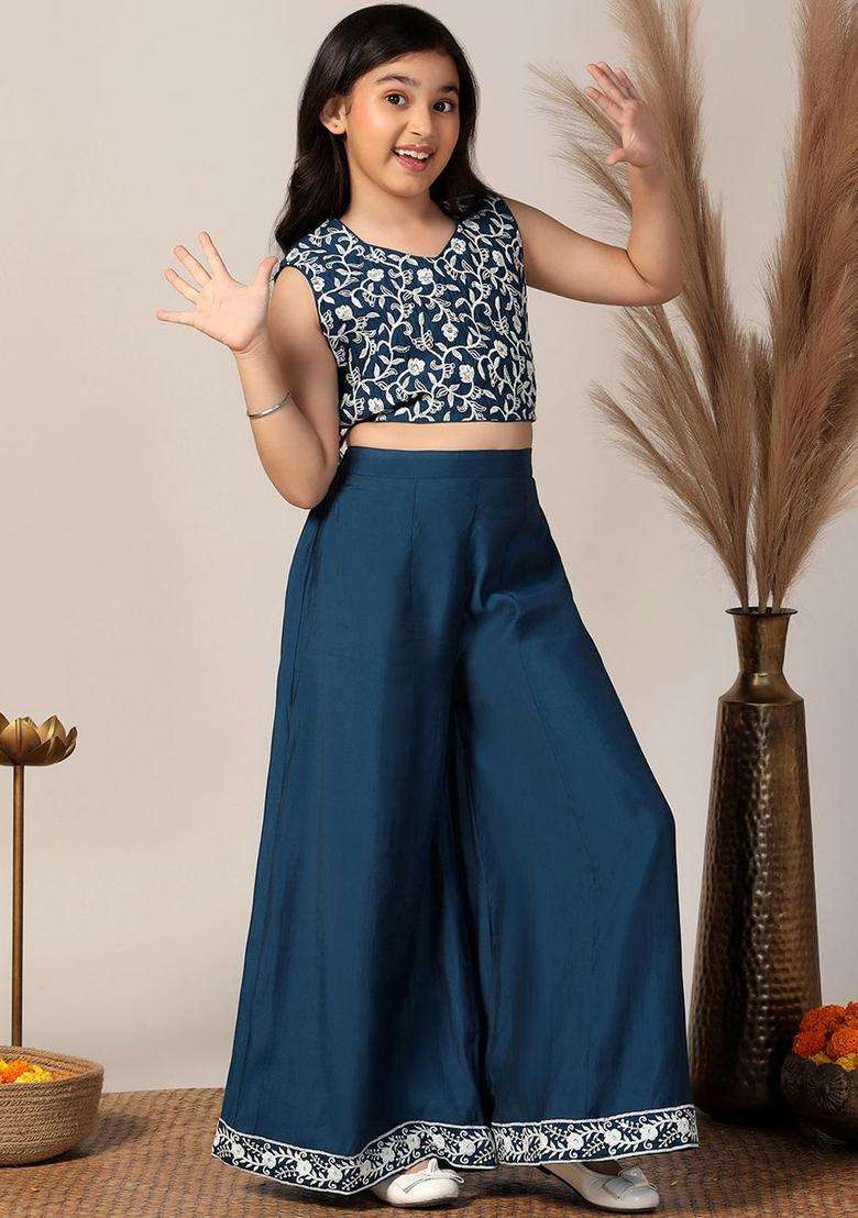 Blue Embroidered Silk Kurta Set For Girls - Indya