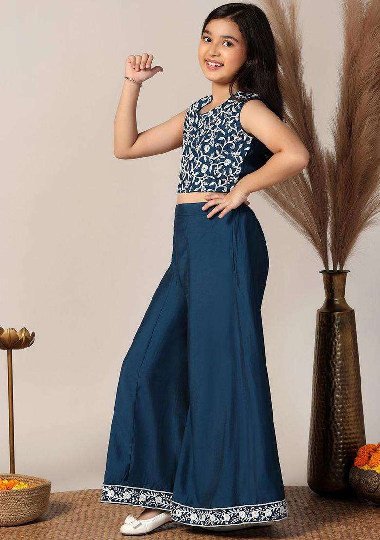 Blue Embroidered Silk Kurta Set For Girls - Indya