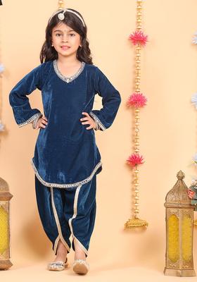 Navy Blue Solid Velvet Kurta Set For Girls
