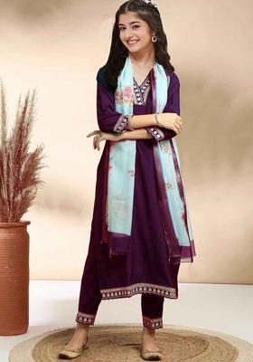 Purple Embroidered Silk Kurta Set For Girls