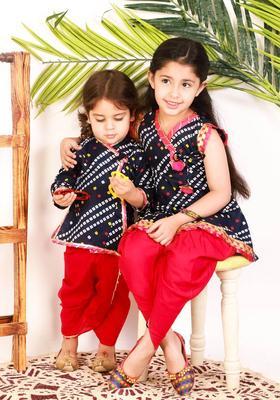 Navy Blue Printed Cotton Kurta Set For Girls