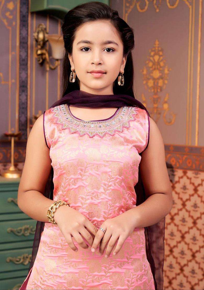 Pink Embroidered Silk Kurta Set For Girls - Indya