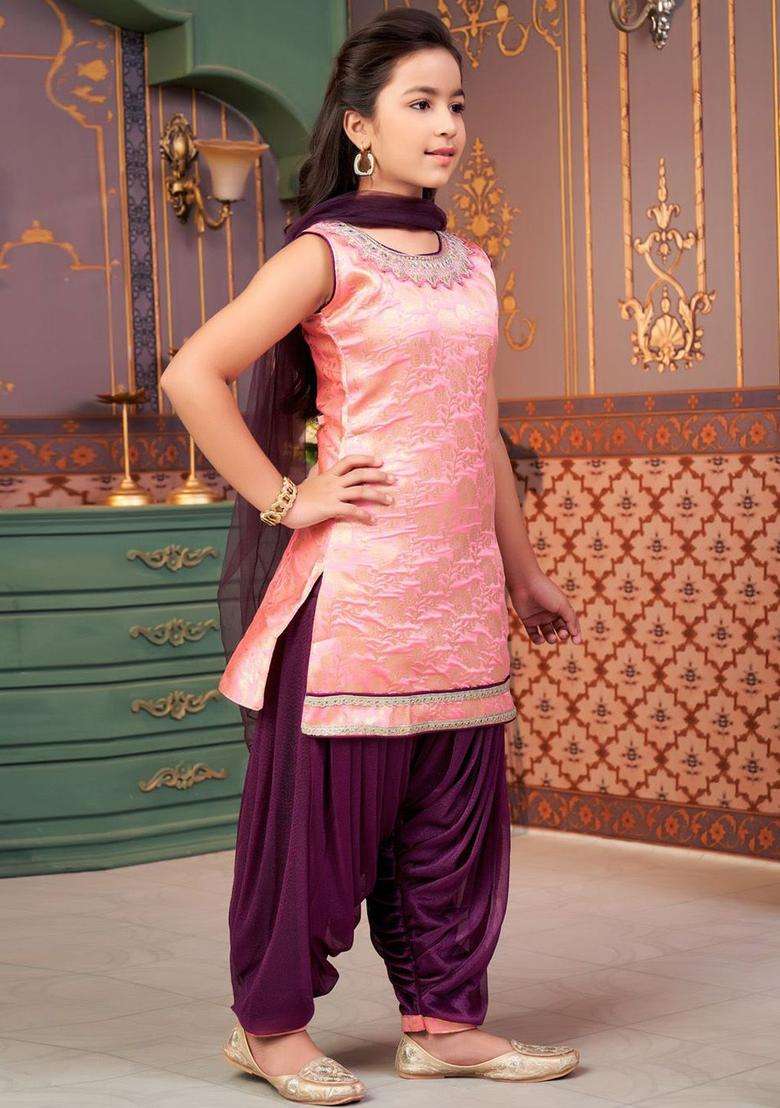 Pink Embroidered Silk Kurta Set For Girls - Indya