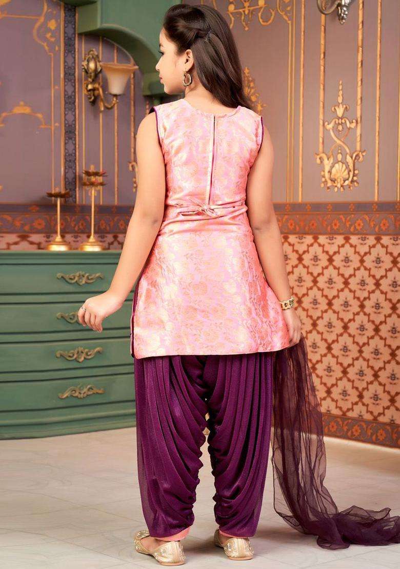 Pink Embroidered Silk Kurta Set For Girls - Indya
