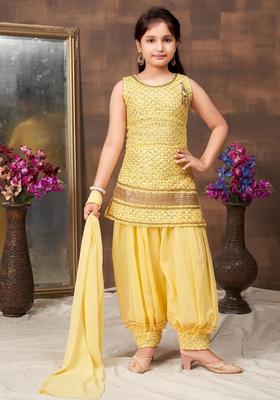 Yellow Printed Georgette Kurta Set For Girls