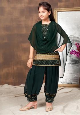 Green Printed Georgette Kurta Set For Girls