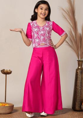 Pink Embroidered Silk Kurta Set For Girls