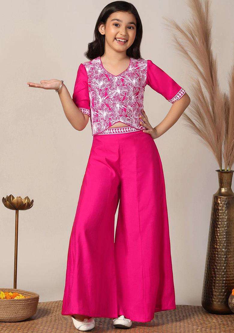 Pink Embroidered Silk Kurta Set For Girls - Indya