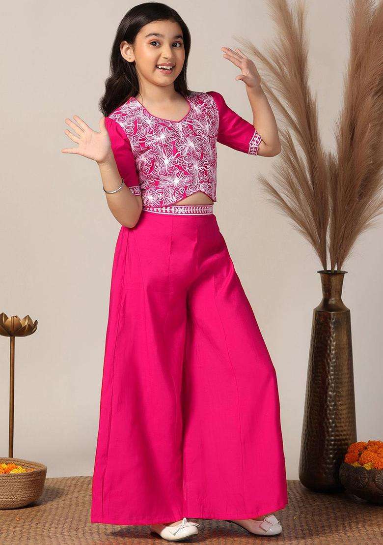 Pink Embroidered Silk Kurta Set For Girls - Indya
